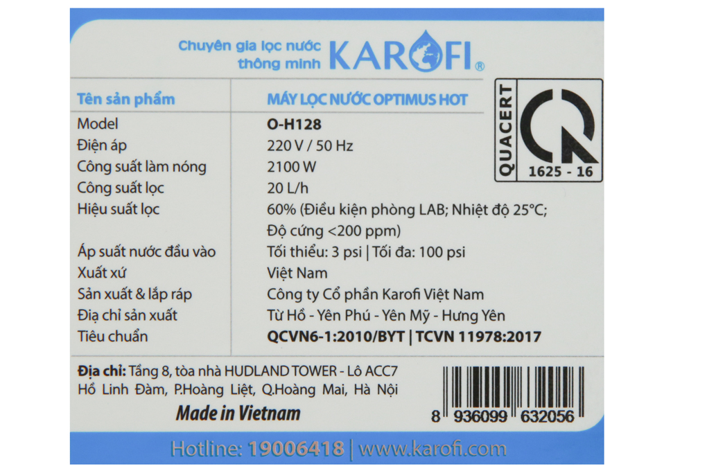 Máy lọc nước thông minh nóng nhanh Karofi O-H128