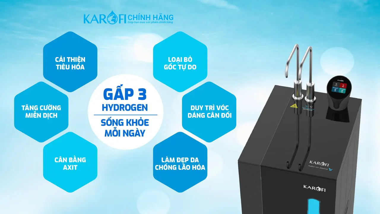 Máy lọc nước nóng lạnh Hydro-ion kiềm Karofi KAE-S86 Gấp 3 hydrogen